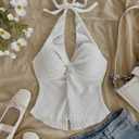 QJQ Women's Halter Tops Twist Front Slit Backless Cute Summer V Neck Tank Top Vacation Outfits (White, S)