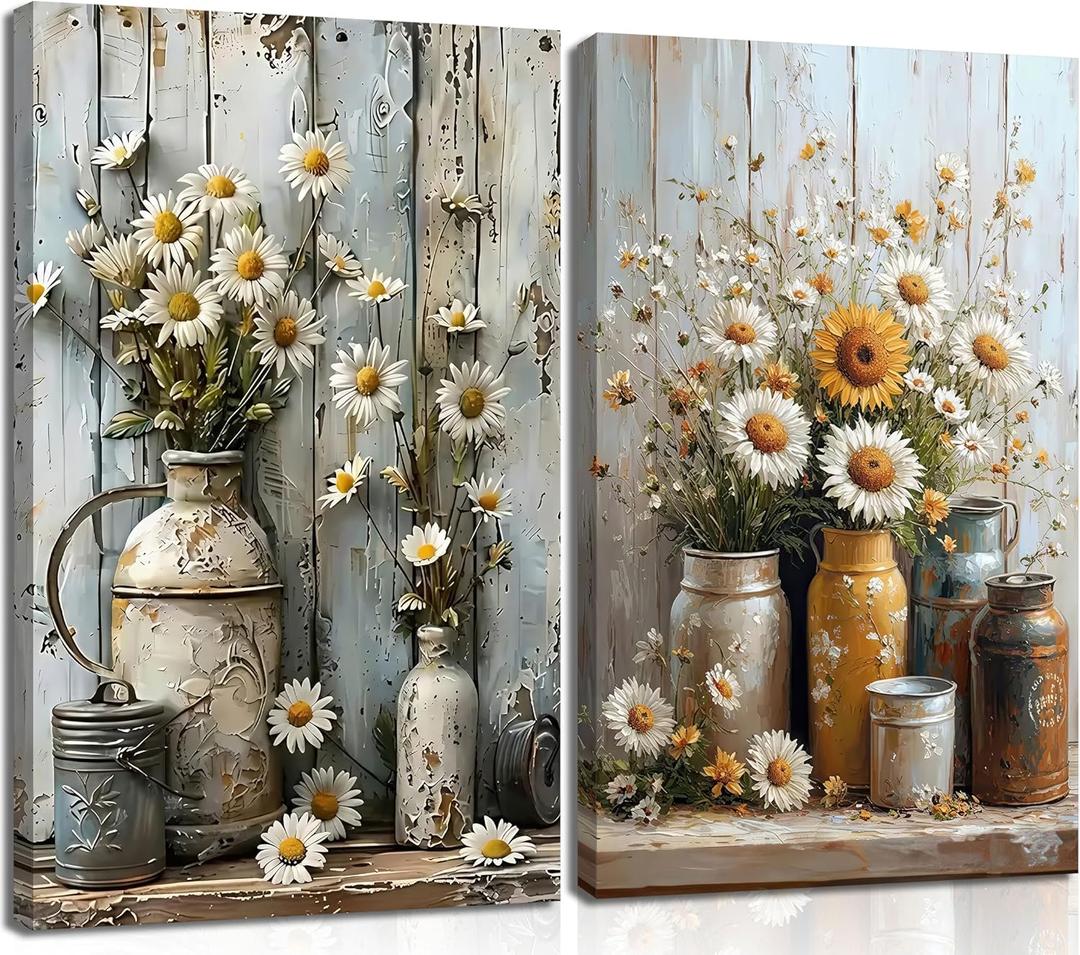 2Pcs Farmhouse Daisy Canvas Wall Art Rustic Wood Grain Flowers Posters Prints Still Life Botanical Painting Vintage Country Floral Wall Decor for Living Room Bedroom Bathroom Decoration Framed (24L"x16W")