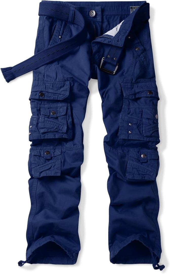 OCHENTA Men's Cotton Casual Cargo Work Pants Baggy Travel Hiking with Multi Pockets (No Belt) (32, Dark Blue)