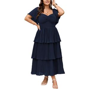 SCOMCHIC Women's Plus Size Formal Wedding Guest Evening Party Dress Short Sleeve Pleated Tiered Chiffon Bridesmaid Dresses XL