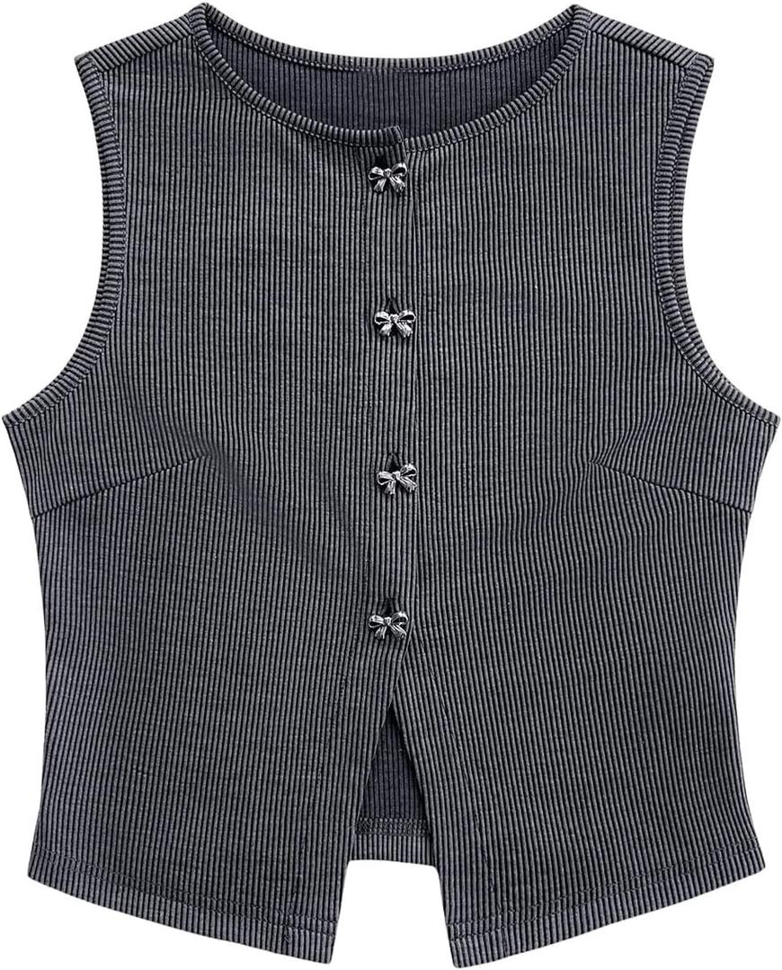 MakeMeChic Women's Bow Vest Tops Crew Neck Sleeveless Rib Knit Tank Top (Medium, Grey)
