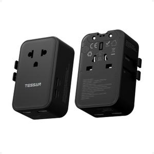 TESSAN International Power Adapter PD 25W, Ultra Thin Universal Travel Adapter, Worldwide Outlet Plug with 2 USB A 2 USB C for US to European UK Australia Ireland (Type C G A I) Black