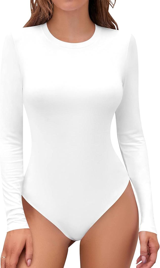 SHEIUGU Womens Sleeveless Long Sleeve Crew Neck Ribbed Stretchy Slim Fit Tops Bodysuit Basic Jumpsuit (Medium, White)
