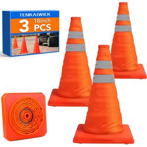 TENKAIWICK 18 Inch 3 Pack Traffic Cones, Collapsible Safety Cones, Multi Purpose Pop-up Cones with Reflective Collar, Orange Cones for Parking lot, Driveway, Driving Training etc