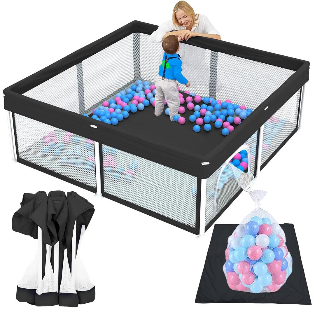 TOREVSIOR Foldable Baby Playpen with Mat, 50"50" Collapsible Play Pen for Babies and Toddlers, Indoor & Outdoor Kids Safety Play Pen, Portable Play Yard, Foldable Baby Playpen with 50 Ocean Balls