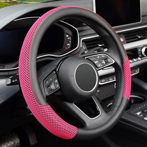 KAFEEK 15 inch Steering Wheel Cover, Cooling Ice Silk Mesh with Microfiber Leather, Heat Resistant, Breathable, Anti-Slip, Summer Cool, Universal Fit, Black & Red (Standard Size[14.5"-15"])