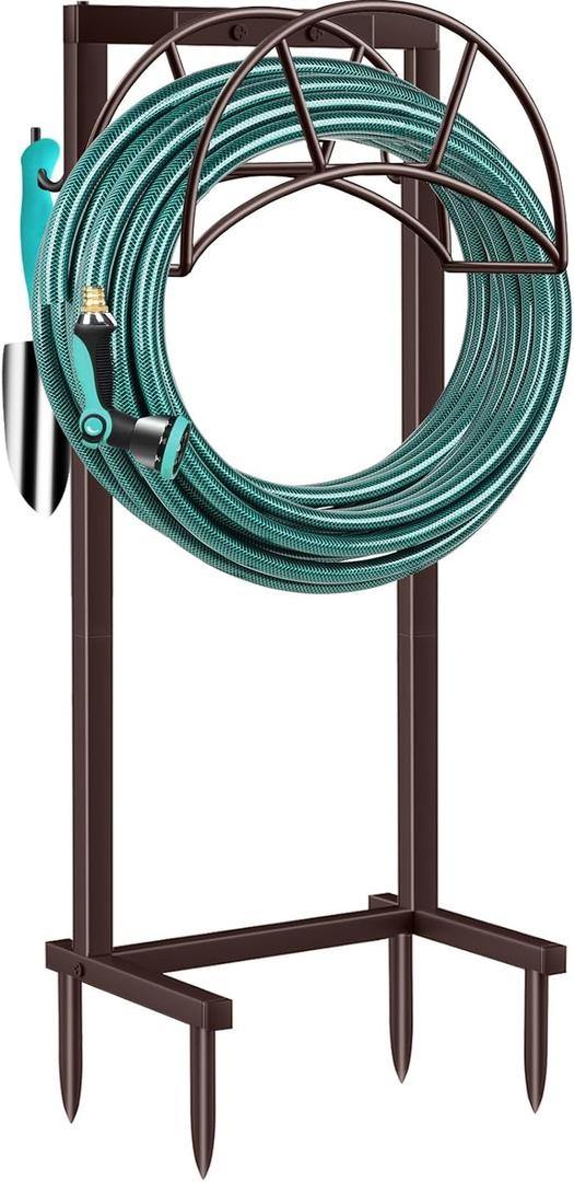 TomCare Garden Hose Holder Upgraded 4 Spikes Water Hose Holder with 2 Tool Hooks Sturdy Hose Reel Holds 150ft Hose Freestanding Hose Stand Hose Hanger Hose Storage for Outside Yard Lawn, Bronze