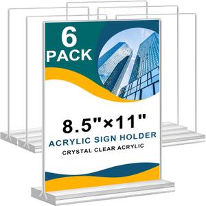 Arrobust Acrylic Sign Holder 8.5 x 11, Double Sided Clear Acrylic Display Table Signs Stand, T Shape Flyer Holder Plastic for Picture Paper Frame Holder Home Office Menu Retail Show Fair, 6 Pack