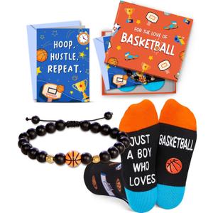 HAPPYPOP Basketball Gift Box for Boys - Funny Socks & Bracelet with Greeting Card, Cool Sports Gifts for Son, Grandson, Nephew, Ages 10-12