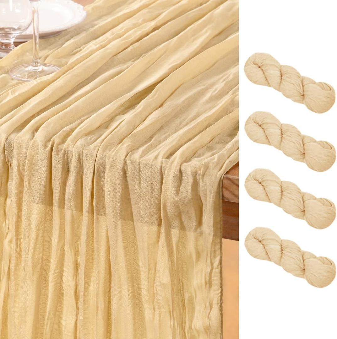 DeZerlor Champagne Gold Cheesecloth Table Runner 4 Pack Spring Easter Table Runners Boho Gauze 120 Inches Champagne Cheese Cloth Table Decor for Wedding Bridal Baby Shower Parties
