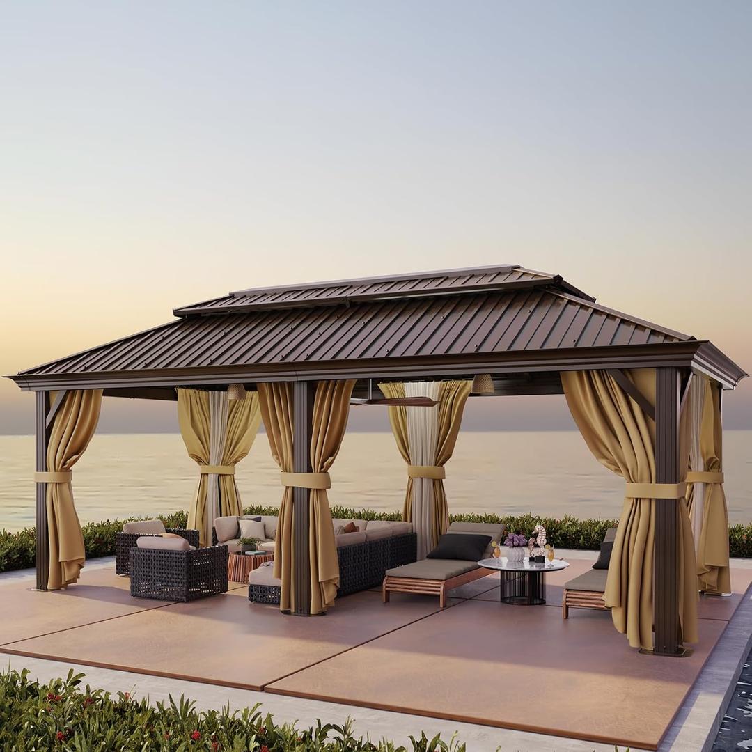HOTEEL 12x20 Hardtop Gazebo with Metal Roof & Drainage System, Heavy Duty Galvanized Steel Gazebo with Reinforced Aluminum Frame, Privacy Curtains and Netting, for All-Weather, Brown (2025 Upgraded)