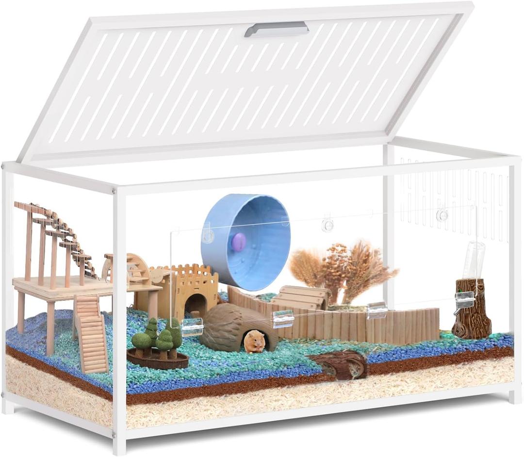 Large Metal Hamster Cage - Chew Proof Syrian Hamster Cage & Habitat with Acrylic Panels, Top Open, Breathable, Big Hamster House for Gerbils, Guinea Pigs, 40.5 x 20.4 x 22 Inch, White