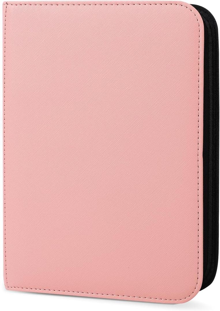 4 Pocket Trading Card Binder, Ringless Card Binder with Zipper for TCG and Sport Cards Collections, Holds 160 Cards with Side-Loading Pages, Pink