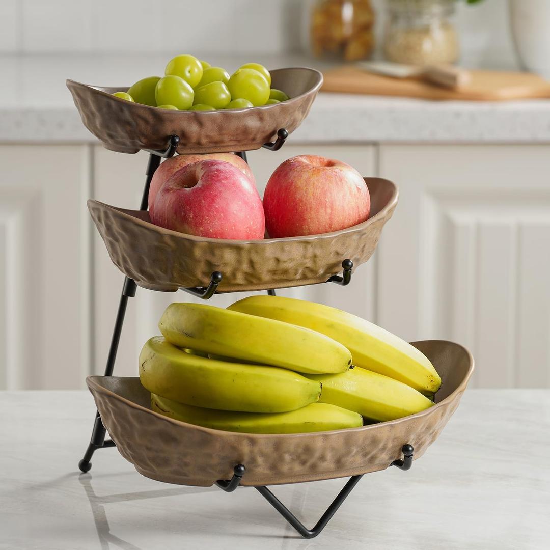 3 Tier Fruit Bowl for Kitchen Counter, Ceramic Fruit Basket with Metal Stand Tiered Fruit Display Set for Fruit, Vegetable, Cake, Dessert, Nuts, Snack, Brown (Large+Middle+Small)