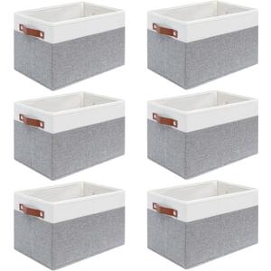 6 Pack Fabric Storage Baskets for Shelves , Closet Storage Bins for Shelves, Fabric Baskets for Organizing with Handles for Home and Office (White with Grey,15" L*10.2" W*9" H)