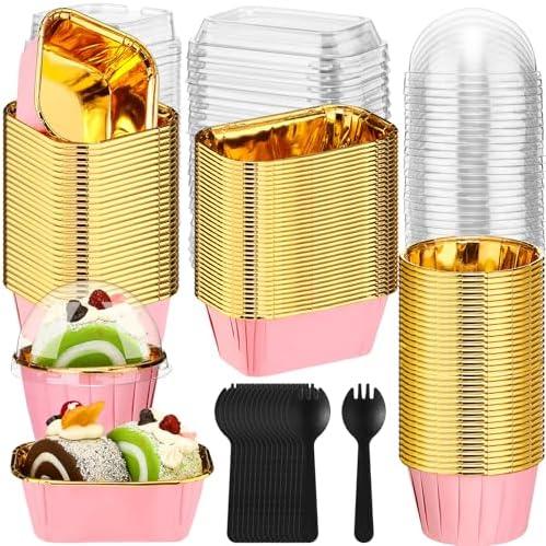 Baderke 150 Pcs Pink Mini Cake Pans with Lids and Spoons, Disposable Ramekins 6.8 oz 5 oz Round Rectangle Square Baking Pans, Cupcake Liners Tins Containers for Flan Muffin Dessert Party Favors