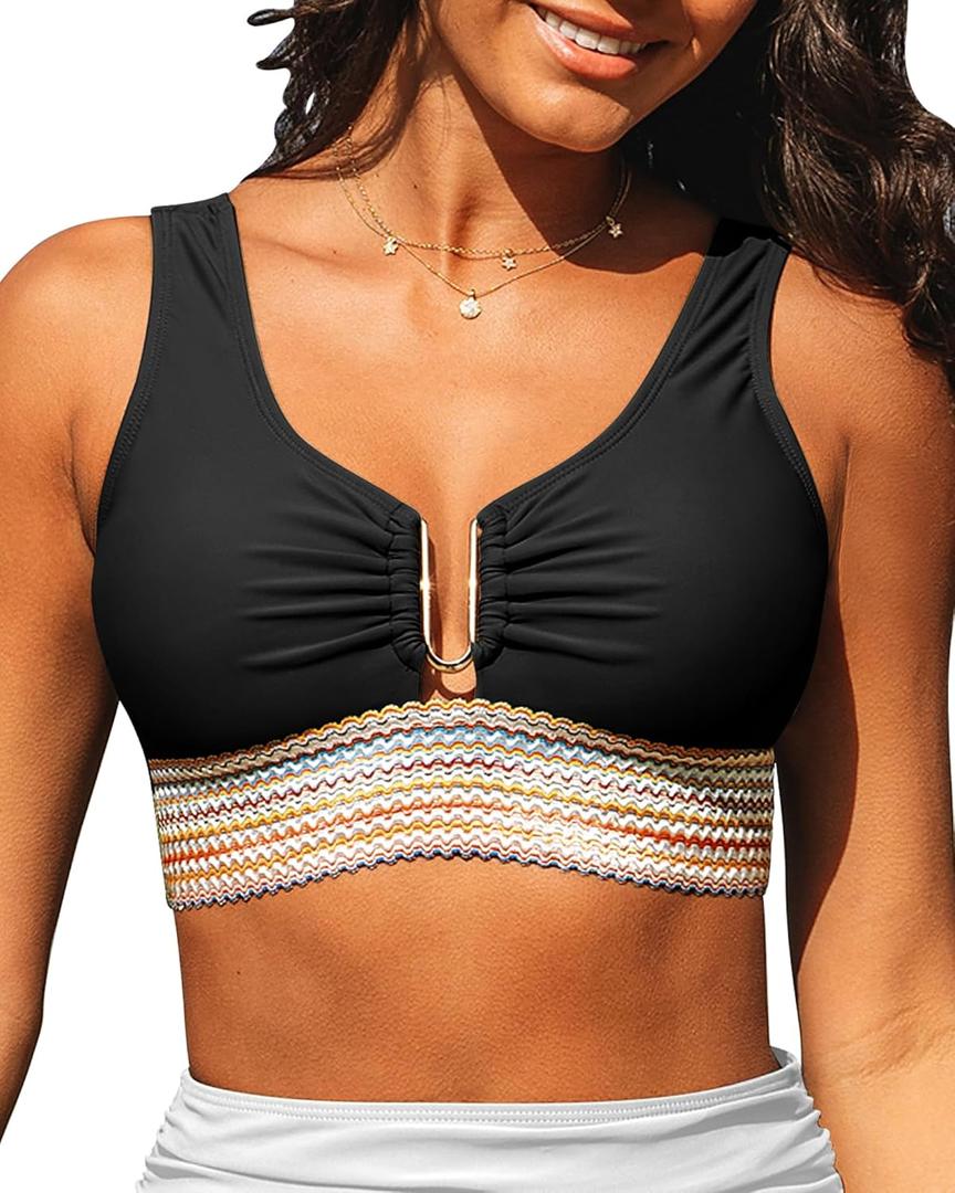 GRAPENT Bikini Top for Women Color Block U Hook Padded Adjustable Straps Bathing Suit Swim Tops Only Beach Resort Wear (XX-Large, Black)