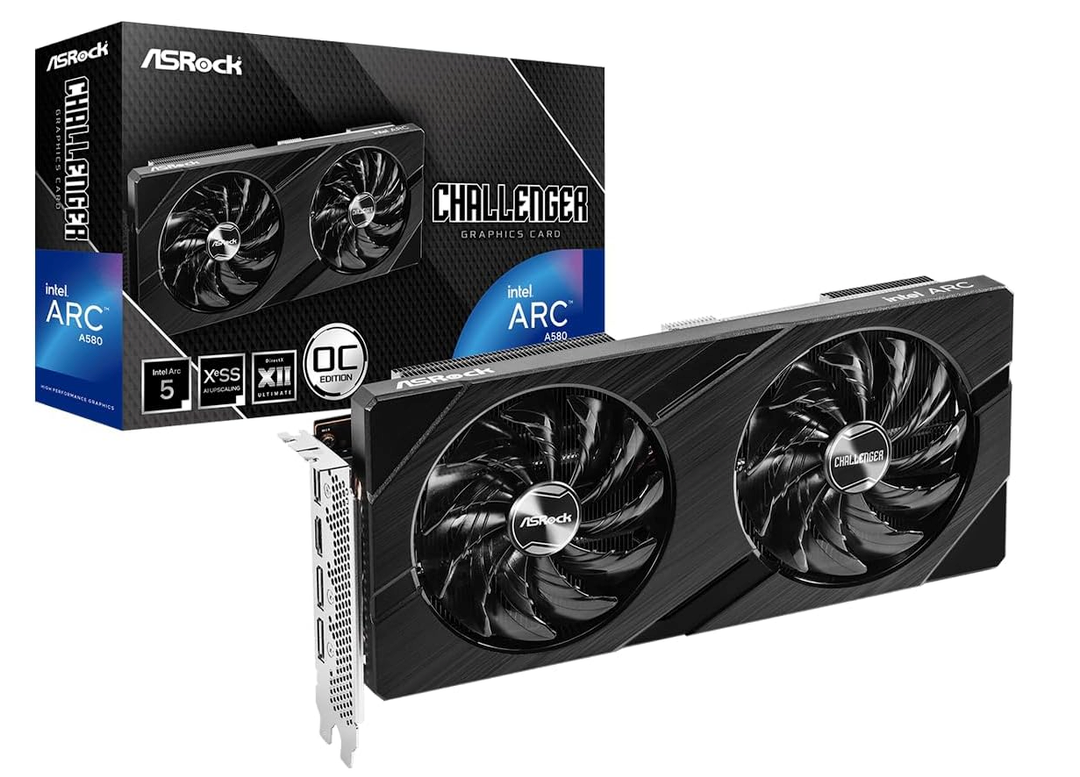 ASRock Intel Arc A580 Challenger 8GB OC Graphics Card, Intel Xe HPG Architecture, 8GB GDDR6, PCIe 4.0, Dual Fans, 0dB Silent Cooling, DisplayPort 2.0