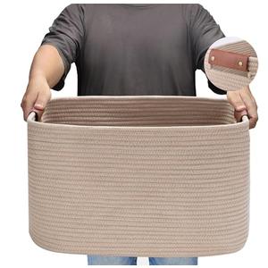 Large Cotton Rope Storage Basket with Leather Handles, Laundry Hamper Basket, 20 "L x 14" W x 12 "H, Durable & Stylish Organizer for Home.(Large Khaki)