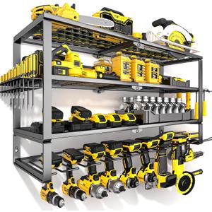 YYR Large Power Tool Organizer Wall Mount, Heavy Duty Metal Cordless Drill Storage Rack with Battery Charging Station Shelf, Utility Racks for Garage Organization, 4 Layer 10 Drills Holder Extra Tall