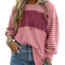 Women's Lightweight Color Block Striped Tunic Tops Long Sleeve Loose Fit Pullover Soft Tops Shirts Side Split, XL