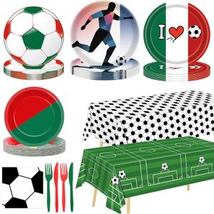 122Pcs Soccer Party Supplies Set, Disposable Tableware Kit with Soccer Paper Plates, Napkins, Forks, Tablecloth for Soccer Birthday Party Decorations, Sports Theme Party Decor for 24 Guests (Modle A)