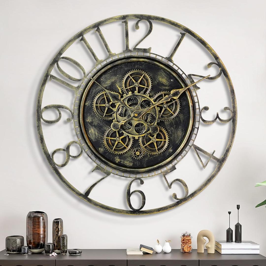 Maxstar Large Moving Gear Wall Clock for Living Room Decor,Vintage Industrial Steampunk,Metal Wall Clock Decorative for Home Office, Dinning Room,Farmhouse(Antique Brass,Arabic Number,24 INCH) (Bronze)