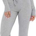 Ezbelle Women's Lounge Sets 2 Piece Outfits Long Sleeve Crop Button Down V Neck Shirt Knit Pajama Pant Fall Clothes (Medium, Grey)