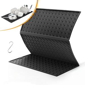 Dish Drying Mat for Kitchen Counter, Collapsible Trifold Large Dish Drainer Mat, Silicone Drying Mat with Hook, 24x16In Non-Slip Silicone Sink Mat, Easy to Clean, Black