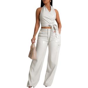 SEMATOMALA Women's Leather Pants Set PU Faux Leather Halter Crop Tank Top and Straight Leg Pants Set 2 Piece Outfit, Large