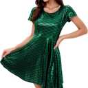 Women Halloween Mermaid Costume Short Sleeve Shiny Scaled Dress (Medium, Green)