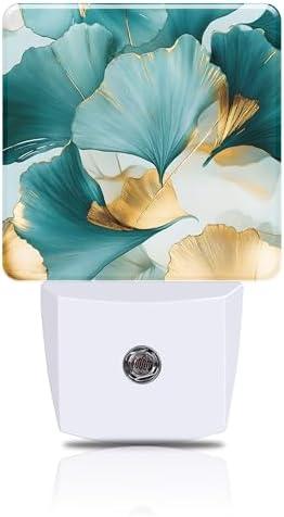 FOISIIAEA Night Light Green and Gold Ginkgo Leaves Night Lights Plug into Wall Smart Dusk to Dawn Sensor 0.5W Energy Efficient Led Lamp for Men Women Bedroom Bathroom Hallway Stairway Decor