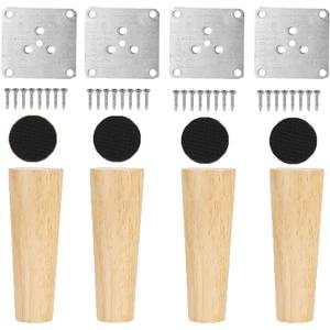 Set of 4 Nature Wood Furniture Leg, 8 Inch Round Sofa Feet Replacement Legs, Chair Bed Closet Cabinet Furniture Feet with Metal Mounting Plates,Screws, Floor Protector Pads for Table Couch