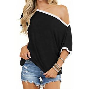 BONITEE Womens Off The Shoulder Shirt Boat Neck Oversized Tshirts Short Sleeve Tops 2026 Summer Casual Loose Clothes Tunic (Black, XXL)