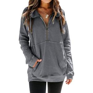 Ladmous Womens Casual Long Sleeve Half Zip Sweatshirt Lapel Drawstring Oversized Pullover Tops with PocketsS-2XL (XX-Large, 02 Dark Grey)