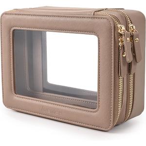 Aveniee Large Clear Makeup Bags, Double Layer Cosmetic Bags with Separate Brush Compartment, Travel Toiletry Bag Train Case, Travel Accessories Organizer for Women,2 Layers, Brown