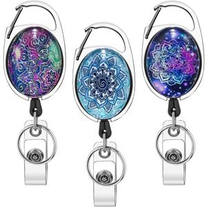 Xoqo Heavy Duty Retractable with Carabiner Badge Reel, Crystal Glass Badge Holder with Belt Clip and Key Ring, Badge Holders for Office Worker Doctor Nurse 3 Pack (Mandala)