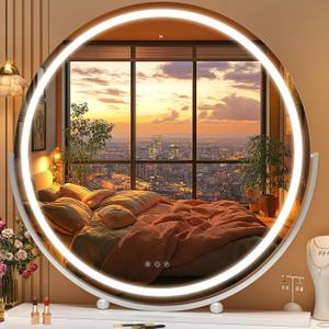 Hasipu Vanity Mirror with Lights, 27.6" LED Big Makeup Mirror, Lighted Makeup Mirror with Lights, Smart Touch Control 3 Colors Dimmable Round Mirror 360Rotation White