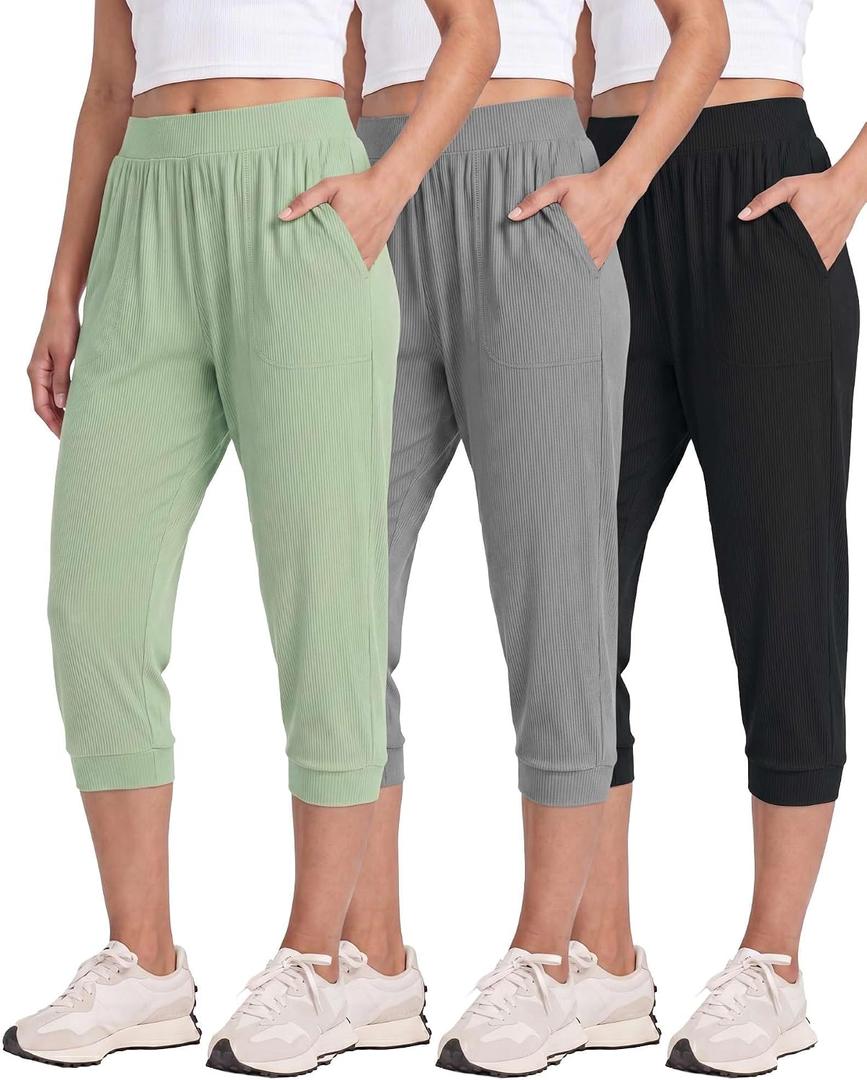 Real Essentials 3 Pack: Women's Ribbed Capri Jogger Lounge Sweatpants with Pockets Yoga Workout (Available in Plus Size) (L)