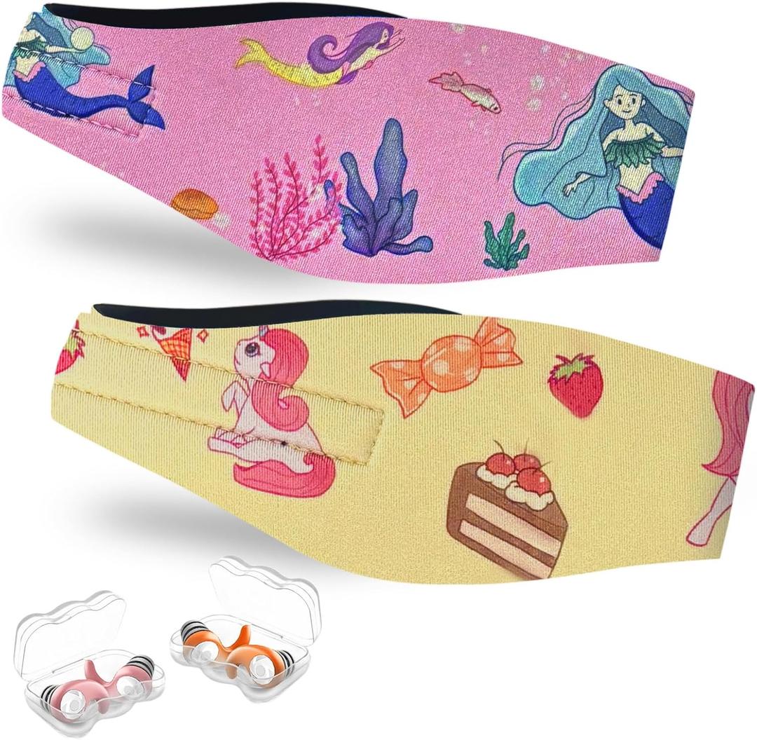 Swimming Headband for Kids - 2 Pairs Waterproof Ear Plugs & Adjustable Swim Ear Band,Keep Water Out and Hold Earplugs in - Water Headband for Surfing, Diving, Pool, Showering, and Beach (1 Count (Pack of 4), 4-16 Years/Kids---mermaid + Unicorn)