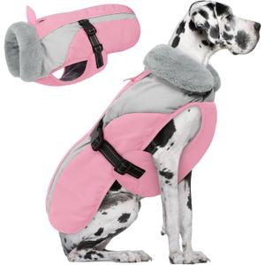 Queenmore XXXL Winter Dog Coat, Warm Puffer Jacket for Extra Large Dogs, Waterproof Fleece Snow Parka Jacket for German Shepherd, Great Dane, Doberman Pink/Grey