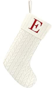 Paulmele 20 Inches Christmas Stockings with Initials, Knit Embroidered Letter White Christmas Stocking, Monogram Christmas Stocking for Famliy Holiday and Xmas Tree Fireplace (Letter E)