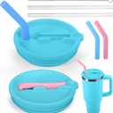 Mity rain 2PCS Silicone Tumbler Flip Straw Lid for Stanley Cup 40OZ, Spill Proof Lid Compatible with Stanley Quencher Flip Straw Lids for Replacement (Blue)