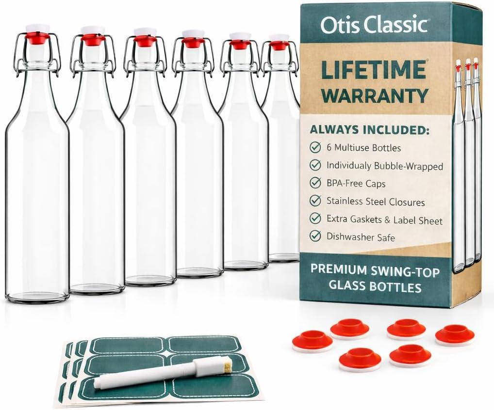 Otis Classic Swing Top Glass Bottles - Set of 6, 16oz w/Marker & Labels - Clear Bottle with Caps for Juice, Water, Kombucha, Wine, Beer Brewing, Kefir Milk or Eggnog