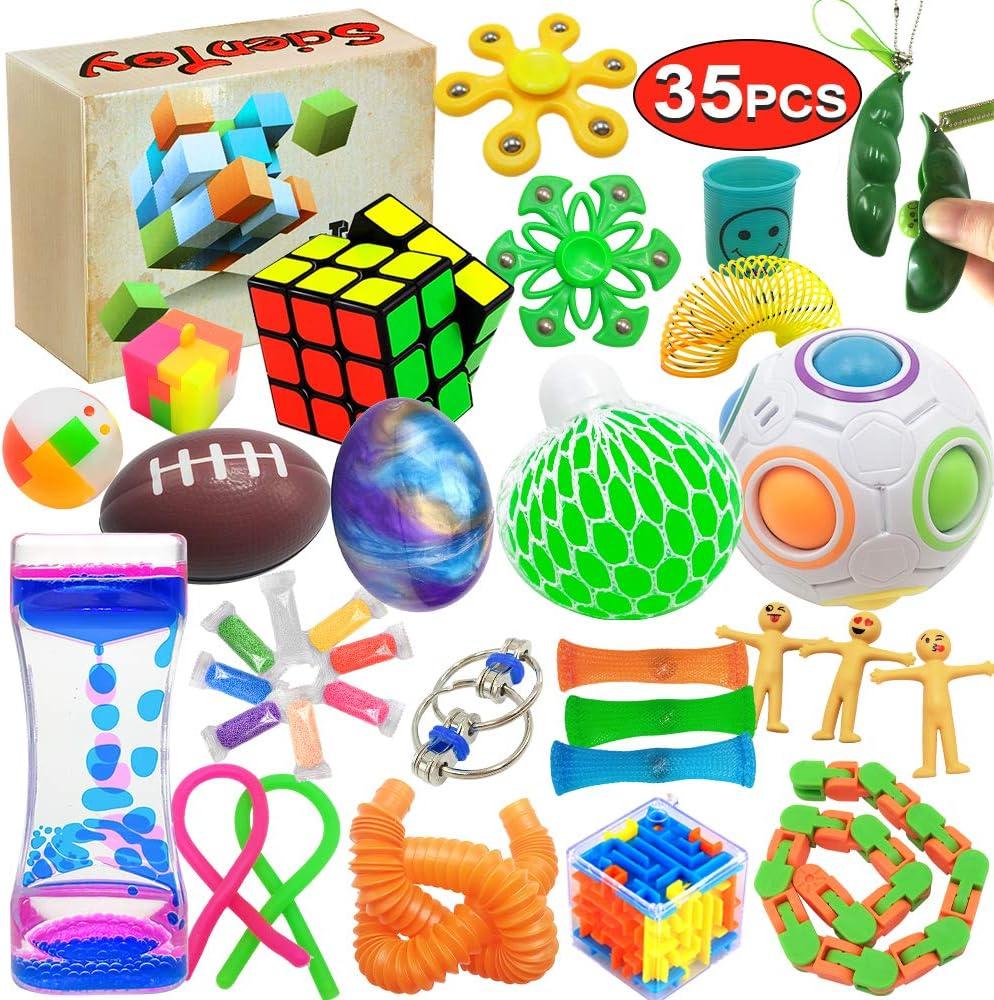 Scientoy Fidget Toy Set, 35 Pcs Sensory Toy for ADD, OCD, Autistic Children, Adults, Anxiety Autism to Stress Relief and Anti Anxiety with Motion Timer, Perfect for Classroom Reward with Gift Box, Small