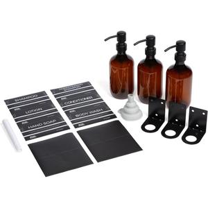 EcoAmenities Shampoo Conditioner Body Wash Dispenser for Shower - Wall Mounted Soap Dispenser for Bathroom - Refillable with Labels (3 Container Pack - Amber)