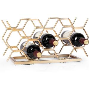 Countertop Bottle Rack - 10 Bottle Freestanding Modern Gold Metal Small Bottle Rack - Tabletop Bottle Holder Stand for Cabinet, Pantry, Bottle Storage
