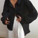 Fisoew Womens Oversized Button Down Shirts Textured Collared Long Sleeve Shacket Casual Fall Blouses Tops (Black)