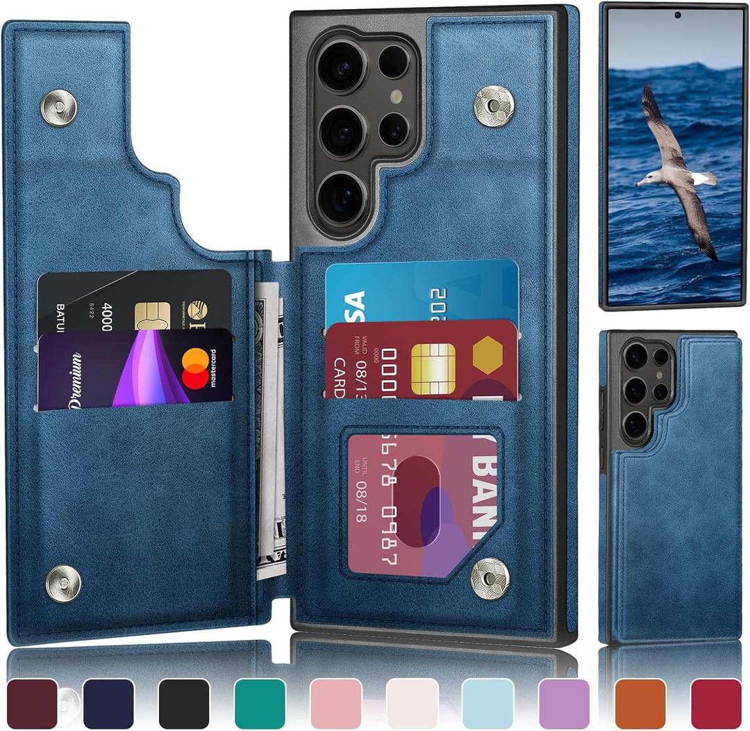 DJDUCK Designed for Samsung Galaxy S23 Ultra Case Wallet with Card Holder, [Magnetic Clasp Cover] [RFID Blocking Leather Protection] Shockproof Women Men Cases for Samsung S23 Ultra Bright Blue