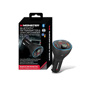 Monster Bluetooth FM Transmitter for Car Cigarette Lighter with 20W QC3.0 USB A & USB C PD Charger, Bass Boost Button, Flash Drive Port, Google Voice & Siri Compatible, Hands-Free Calls, Microphone